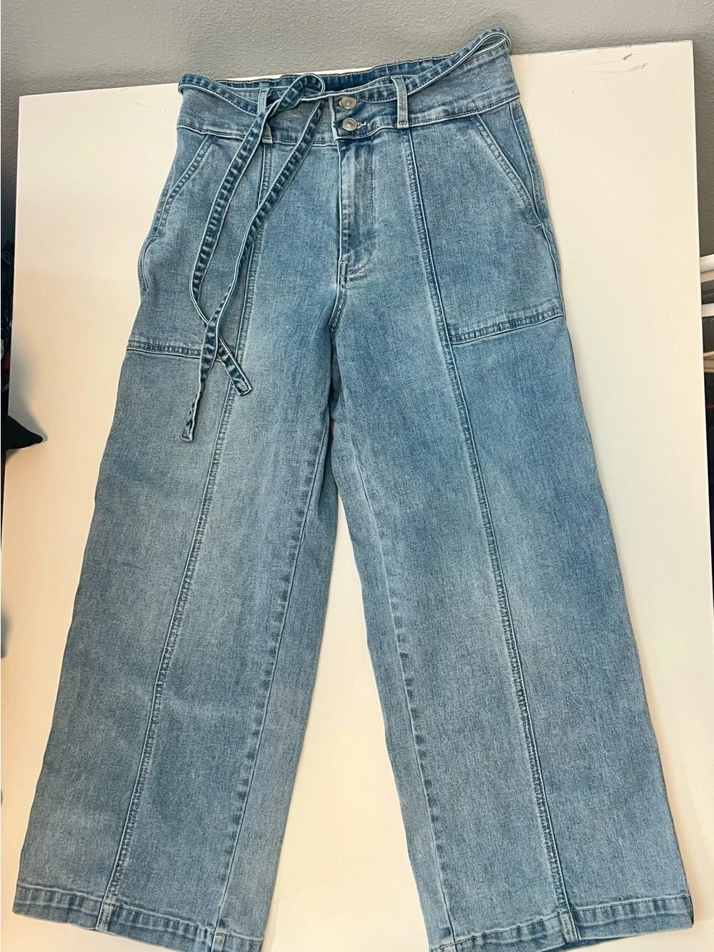Hudson Jeans Light Blue Cropped Wide-Leg Tie-Waist Jeans